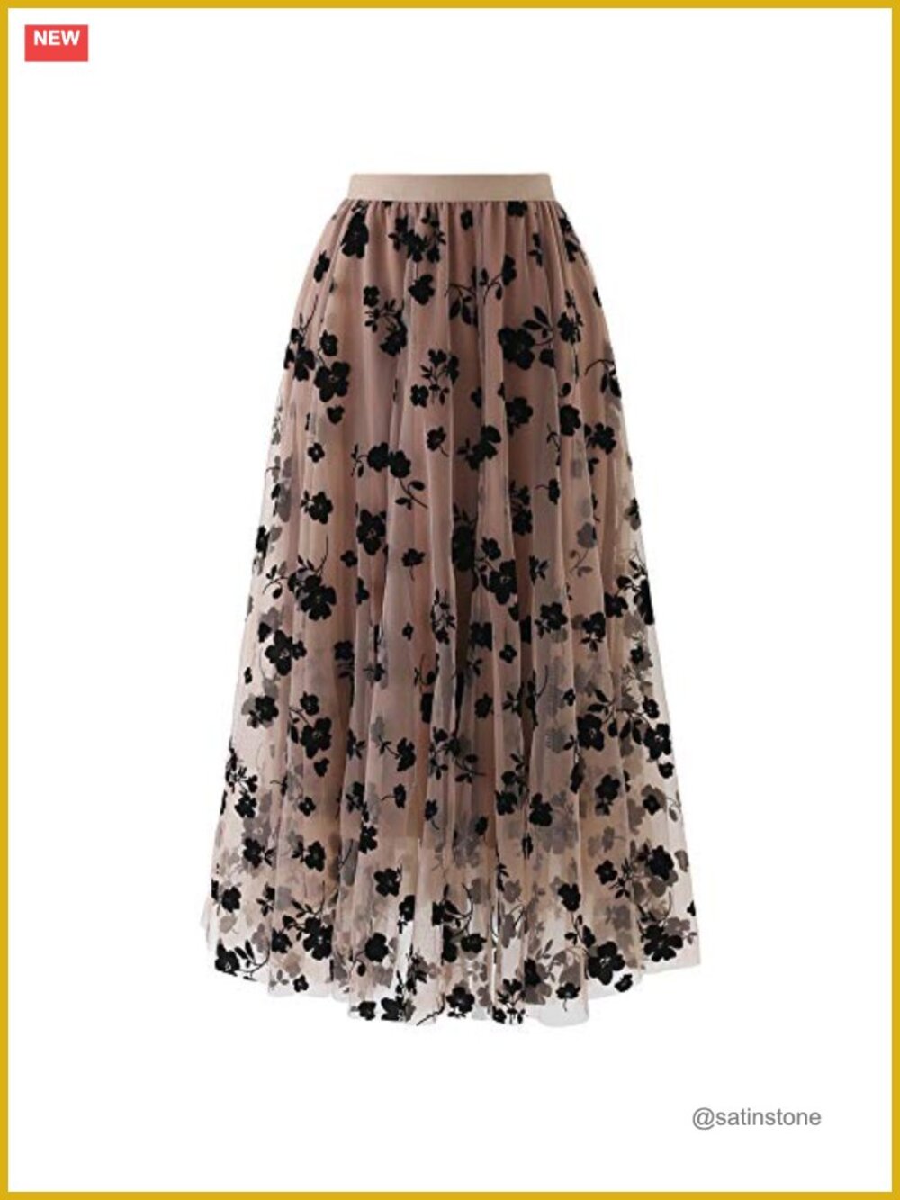 3D Posy Double-Layered Mesh Midi Skirt Elastic Waist A-Line